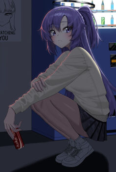 1girl :/ absurdres big_brother_(1984) black_skirt blue_archive blush brown_pantyhose can character_print commentary drink_can english_text half_updo halo highres holding holding_can long_hair long_sleeves looking_to_the_side miniskirt pantyhose pleated_skirt purple_eyes purple_hair rio_(blue_archive) school_uniform shoes skirt sneakers socks solo squatting sweater vending_machine very_long_hair white_shoes white_socks white_sweater wotmd0160 yuuka_(blue_archive)