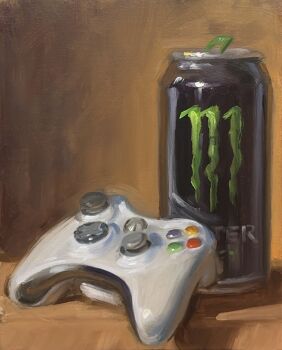 can commentary controller drink english_commentary game_console game_controller highres monster_energy no_humans noah_verrier object_focus oil_painting_(medium) original painting_(medium) still_life traditional_media xbox_360 xbox_controller