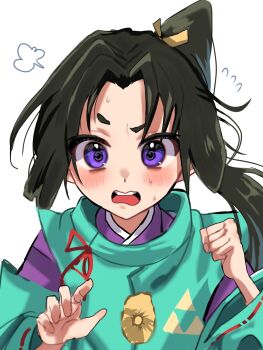 Rule 34 | 1boy, androgynous, black hair, blush, clenched hand, commentary request, flying sweatdrops, high ponytail, highres, houjou tokiyuki (nige jouzu no wakagimi), ia34550364, looking at viewer, male focus, nige jouzu no wakagimi, open mouth, ponytail, purple eyes, raised eyebrow, simple background, solo, sweat, teeth, upper body, upper teeth only, white background