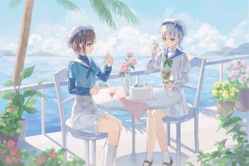 2girls absurdres bang_dream! bang_dream!_it's_mygo!!!!! beret blue_eyes blue_neckerchief blue_shirt bow bowtie brown_eyes cake chair closed_mouth commentary food green_bow green_bowtie grey_hair hat highres holding holding_plate hu_pi_xuan_jiao kaname_raana layered_sleeves long_hair long_sleeves matcha_parfait multiple_girls neckerchief open_mouth plant plate potted_plant railing sailor_collar sailor_shirt shirt short_hair short_over_long_sleeves short_sleeves short_twintails shorts sitting table takamatsu_tomori twintails white_hair white_hat white_shirt white_shorts yellow_eyes