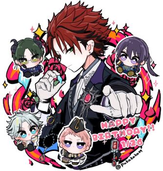 Rule 34 | 5boys, :o, akatsuki (ensemble stars!), astraea's atelier (ensemble stars!), black gloves, black hair, blue eyes, bright pupils, brillance prince (ensemble stars!), chibi, closed mouth, collared shirt, commentary request, curtained hair, dated, dominant (ensemble stars!), dynamic diamond (ensemble stars!), ear piercing, earrings, ensemble stars!, flower, gem, glasses, gloves, green eyes, green hair, grey hair, hand up, hands up, happy birthday, hasumi keito, hat, highres, itsuki shu, jewelry, kanzaki souma, kiryu kuro, lapels, long sleeves, looking at viewer, male focus, mani (pukakaka09), multicolored hair, multiple boys, official alternate costume, open mouth, piercing, pink hair, ponytail, purple eyes, purple hair, red gem, red hair, rose, shirt, short bangs, short hair, sidelocks, sparkle, streaked hair, stud earrings, taki ibuki, twitter username, two-tone hair, white gloves, white pupils