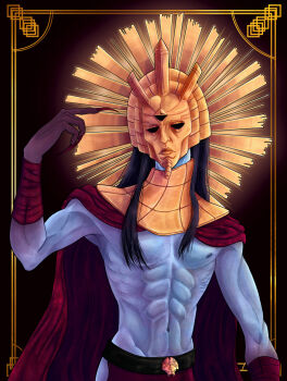 1boy abs armband black_hair border box-en cape claws dagoth_ur dagoth_ur's_mask dunmer gold_necklace grey_hair highres jewelry long_hair male_focus mask necklace ornate_border red_armband red_cape red_loincloth solo the_elder_scrolls the_elder_scrolls_iii:_morrowind third_eye upper_body