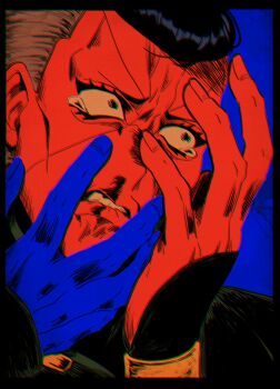 1boy absurdres biting_own_lip blood clenched_teeth colored_skin crying diamond_wa_kudakenai eyelashes facial_mark gakuran hands_on_own_face highres jojo_no_kimyou_na_bouken male_focus nijimura_okuyasu nosebleed pompadour red_skin school_uniform siniy solo tears teeth yen_sign