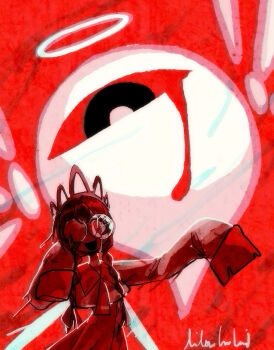 Rule 34 | 1girl, artist name, bleeding, blood, broken eyewear, crown, glasses, halo, highres, kirby (series), kirby 64, lilowleelani, nintendo, one-eyed, open mouth, red background, ripple star queen, sleeves past fingers, sleeves past wrists, smile, zero two (kirby)