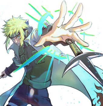 1boy black_pants blonde_hair blue_eyes closed_mouth commentary flak_jacket forehead_protector highres hokage jacket konohagakure_shinobi_uniform konohagakure_symbol kunai looking_at_viewer male_focus momoyoru1 namikaze_minato naruto_(series) pants short_hair sidelocks simple_background solo weapon white_background