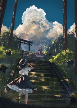 2girls black_hat black_skirt blonde_hair blue_sky brown_hair cloud commentary_request cumulonimbus_cloud day dress hat highres maribel_hearn mob_cap multiple_girls outstretched_arm puffy_short_sleeves puffy_sleeves purple_dress scenery shimekake shirt short_hair short_sleeves shrine skirt sky stairs standing torii touhou tree usami_renko white_hat white_shirt