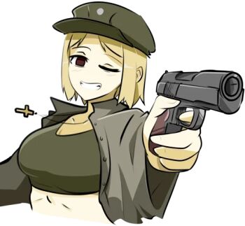 Rule 34 | 1girl, abs, aiming, aiming at viewer, artist request, blonde hair, brown eyes, cropped torso, cross, cross necklace, english text, floating neckwear, green tank top, gun, handgun, holding, holding gun, holding weapon, jacket, jewelry, looking at viewer, looking back, makarov pm, marichka, military, military uniform, necklace, non-web source, one eye closed, original, russo-ukrainian war, sharp teeth, short hair, smile, solo, tank top, teeth, transparent background, upper body, weapon
