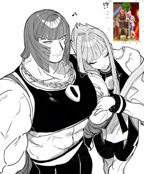 2girls arm_hug biceps chain chain_necklace dougi greyscale highres jewelry leaning_on_person manon_legrand marisa_(street_fighter) monochrome multiple_girls muscular muscular_female necklace reference_inset short_hair short_hair_with_long_locks simple_background smile street_fighter street_fighter_6 tall_female trnnmnm4 yuri