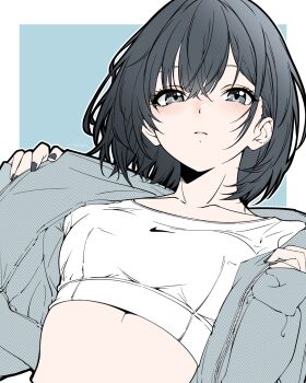 1girl bambi_surprise breasts commentary cropped_shirt english_commentary grey_eyes grey_hair grey_jacket highres jacket looking_at_viewer medium_breasts medium_hair midriff open_clothes open_jacket original shirt signature solo upper_body white_shirt