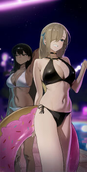 2girls absurdres alternate_costume armpits asuna_(blue_archive) asymmetrical_bangs bare_legs bikini black_bikini black_choker black_hair blue_archive blurry blurry_background breasts brown_hair choker dark-skinned_female dark_skin hair_over_one_eye highres holding holding_swim_ring innertube karin_(blue_archive) kosubi_(tsuneta328) large_breasts long_hair multiple_girls navel no_halo one_eye_covered pool poolside side-tie_bikini_bottom smile stomach straight_hair swim_ring swimsuit very_long_hair white_bikini