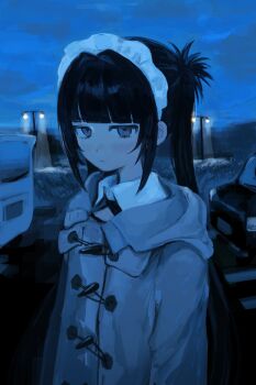 Rule 34 | 1girl, artist name, black hair, blue theme, blunt bangs, car, cloud, coat, commentary request, crosswalk, dim lighting, duffel coat, expressionless, frilled hairband, frills, grass, grey coat, grey eyes, hairband, headdress, highres, iwonu, lamppost, light rays, long hair, looking at viewer, maid, maid headdress, motor vehicle, original, outdoors, road, sky, solo, standing, street, twintails, upper body, white hairband, white headdress