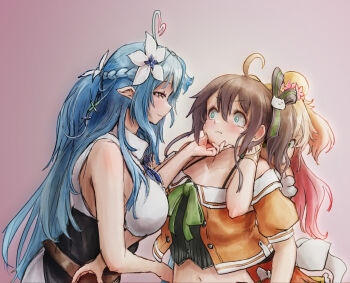 3girls ahoge aqua_eyes arms_around_neck bare_shoulders belt black_bra black_corset black_ribbon blonde_hair blue_bow blue_bowtie blue_eyes blue_hair blush bow bowtie bra braid breasts brown_belt brown_hair camisole cat_hair_ornament center_frills closed_mouth clothing_cutout collarbone colored_tips constricted_pupils corset crop_top crop_top_overhang crown_braid elf eye_contact flower frilled_skirt frills furrowed_brow grabbing_from_behind gradient_background gradient_hair green_eyes groping hair_between_eyes hair_bun hair_flower hair_ornament hair_ribbon heart heart_ahoge highres hololive jacket large_breasts leather_belt long_hair looking_at_another midriff molestation momosuzu_nene momosuzu_nene_(1st_costume) multicolored_hair multiple_girls natsuiro_matsuri natsuiro_matsuri_(1st_costume) navel nymph_rhythm off-shoulder_jacket off_shoulder orange_jacket pink_background pink_hair plaid_bow plaid_bowtie plaid_clothes pointy_ears puffy_cheeks ribbon shirt side_ponytail side_up_bun simple_background skirt sleeveless sleeveless_shirt small_breasts smile stomach two_side_up underwear virtual_youtuber white_background white_shirt white_skirt yellow_camisole yellow_eyes yukihana_lamy yukihana_lamy_(1st_costume)