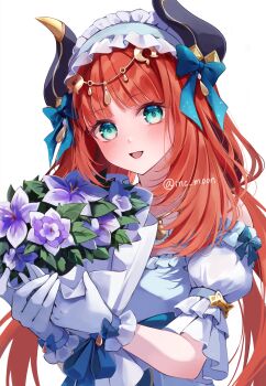 1girl absurdres aqua_eyes blue_bow blush bouquet bow circlet commentary_request fake_horns flower frilled_hairband frills genshin_impact gloves hair_bow hairband hands_up highres holding holding_bouquet horns long_hair nilou_(genshin_impact) nilou_(gigo)_(genshin_impact) official_alternate_costume open_mouth puffy_short_sleeves puffy_sleeves purple_flower red_hair ryuna_(inc_moon) short_sleeves simple_background solo twitter_username very_long_hair white_background white_gloves