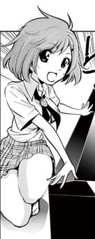 ahoge breasts chousuinou_kei collared_shirt full_body hair_between_eyes hair_ornament hairpin kinoshita_maori looking_at_viewer medium_breasts miniskirt necktie non-web_source on_floor outstretched_arms plaid_clothes plaid_skirt pleated_skirt school_uniform shirt short_hair short_sleeves skirt smile spread_arms squatting