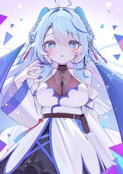 1girl ahoge bare_shoulders belt blue_eyes blush bow bowtie breasts cleavage commission dragon_horns dragon_wings dress highres horns jewelry large_breasts long_hair looking_at_viewer nail_polish open_mouth original ring see-through_cleavage see-through_clothes solo sparkling_eyes verslll white_dress white_hair wings
