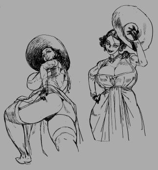 1girl alcina_dimitrescu ass breasts cleavage dress garter_straps gloves greyscale hand_on_own_hip hat huge_breasts jewelry krokedrilo monochrome resident_evil resident_evil_village sketch strapless thick_thighs thighhighs thighs