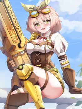 1girl blue_boots blue_sky blush boots breasts brown_corset brown_gloves brown_hair character_request cleavage cleavage_cutout clothing_cutout commentary commission copyright_request corset cowboy_shot day double-parted_bangs english_commentary gloves goggles goggles_on_head hair_between_eyes highres holding holding_weapon large_breasts looking_at_viewer open_mouth outdoors riria_mona1 shirt short_hair sitting sky smile solo weapon white_shirt yellow_eyes