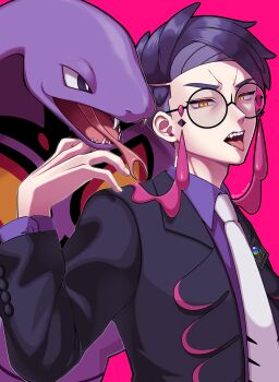 1boy absurdres arbok arm_up black-framed_eyewear black_jacket collared_shirt commentary_request corbeau_(pokemon) forked_tongue gen_1_pokemon glasses highres jacket kyouka._(kyouka) lapels layered_sleeves long_sleeves looking_at_viewer male_focus necktie nintendo parted_hair pink_background pokemon pokemon_(creature) pokemon_legends:_z-a purple_hair purple_shirt round_eyewear sharp_teeth shirt short_hair simple_background slit_pupils teeth tongue tongue_out upper_body upper_teeth_only white_necktie wing_collar yellow_eyes