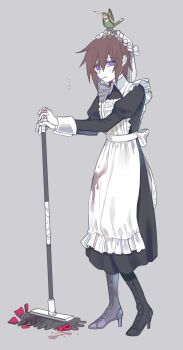 1boy animal animal_on_head apron bird bird_on_head black_dress boots broom brown_hair commentary_request crossdressing crossdressing_(mtf) dress frilled_apron frills full_body grey_background gundam gundam_seed hair_between_eyes high_heel_boots high_heels holding holding_broom juliet_sleeves kira_yamato lace-up_boots light_smile long_sleeves looking_at_viewer maid maid_apron maid_headdress male_focus male_maid non-humanoid_robot on_head puffy_sleeves purple_eyes robot robot_animal robot_bird seed0x0 short_hair simple_background sleeve_cuffs solo torii_(gundam) white_apron