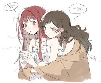 2girls behind_another blanket blush brown_eyes brown_hair cropped_torso cup dress hano9789 highres holding holding_cup idolmaster idolmaster_million_live! kitazawa_shiho korean_text long_hair multiple_girls parted_lips red_eyes red_hair simple_background speech_bubble tanaka_kotoha translation_request white_background white_dress yuri