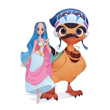 1girl bird blue_hair bluelemondraws brown_eyes commentary dress drinking_straw duck earrings full_body highres jewelry karoo_(one_piece) long_hair looking_at_viewer nefertari_vivi one_piece shoes sidelocks simple_background smile white_background white_shoes