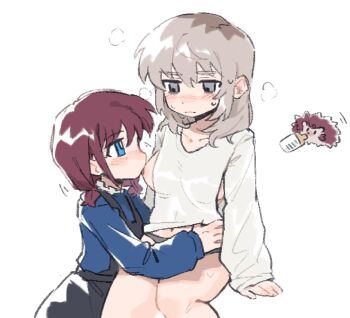 2girls animalization black_panties black_skirt blue_eyes blue_shirt blush breast_sucking breastfeeding breasts closed_mouth commentary_request girls_band_cry grey_eyes grey_hair hedgehog highres iseri_nina kawaragi_momoka large_breasts long_hair multicolored_hair multiple_girls nipples no_pants one_breast_out panties red_hair roots_(hair) shirt short_twintails skirt suspender_skirt suspenders tutai twintails underwear white_shirt yuri