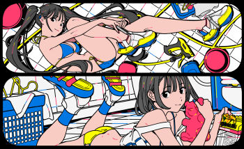 2girls bathroom bikini black_border black_eyes black_hair blue_bikini border closed_mouth high_contrast highres holding laundry_basket long_hair looking_at_viewer lying multiple_girls off_shoulder on_stomach original outstretched_arms panties rounded_corners shoe_soles shoes short_hair side-tie_panties sidelocks sneakers split_screen string_bikini swimsuit tarou2 tile_floor tiles twintails underwear