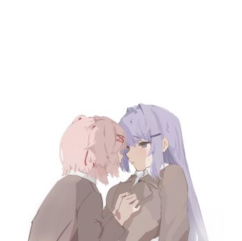 2girls absurdres blazer blush brown_jacket closed_mouth commentary doki_doki_literature_club english_commentary highres jacket long_hair multiple_girls natsuki_(doki_doki_literature_club) nnnnnanashiiii pink_hair purple_eyes purple_hair school_uniform short_hair simple_background white_background yuri yuri_(doki_doki_literature_club)