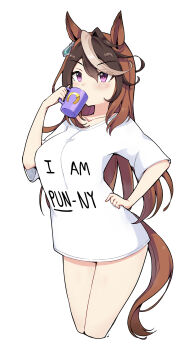 1girl absurdres animal_ears blush breasts brown_hair collarbone commentary cup drinking earrings english_commentary hair_between_eyes highres holding holding_cup horse_ears horse_girl horse_tail jewelry large_breasts long_hair mug multicolored_hair no_pants pun purple_eyes shirt simple_background single_earring solo streaked_hair symboli_rudolf_(umamusume) tail ukichan22905846 umamusume white_background white_hair white_shirt