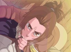 1boy 1girl :>= angry animated ass blush bouncing_ass breasts brown_eyes brown_hair clothed_sex d-art dark-skinned_male dark_skin day erection fellatio from_above frown gabi_braun glaring hetero hood hood_down interracial jiggle looking_above looking_at_viewer medium_breasts onyankopon_(shingeki_no_kyojin) oral penis penis_grab ponytail pov pov_crotch saliva shingeki_no_kyojin sound tagme uncensored video