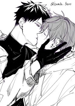 black_gloves black_hair blush closed_eyes commentary_request given gloves greyscale hamta_tass hand_on_another&#039;s_cheek hand_on_another&#039;s_face highres kiss long_sleeves looking_at_another monochrome satou_mafuyu uenoyama_ritsuka watermark white_background