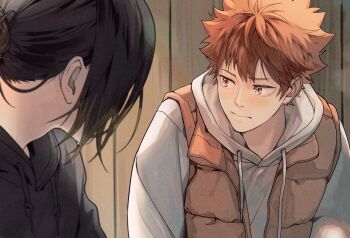 Rule 34 | 2boys, black hair, black hoodie, blush, commentary request, grey hoodie, haikyuu!!, highres, hinata shouyou, hood, hood down, hoodie, jacket, korean commentary, kozume kenma, looking to the side, male focus, multiple boys, orange hair, ssom, upper body