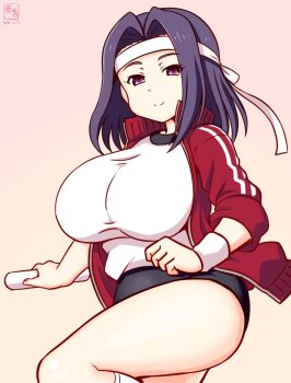 artist_logo black_buruma breasts buruma commentary_request dated gradient_background gym_shirt gym_uniform headband jacket kanon_(kurogane_knights) kantai_collection large_breasts logo medium_breasts one-hour_drawing_challenge pink_background purple_eyes purple_hair red_jacket relay_baton shirt standing standing_on_one_leg t-shirt tatsuta_(kancolle) track_jacket white_headband white_shirt