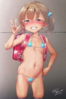 1girl backpack bag bikini blue_eyes blush brown_hair hair_ornament hand_on_own_hip highres imazon loli looking_at_viewer micro_bikini naughty_face original outdoors randoseru short_hair smile solo swimsuit twintails v