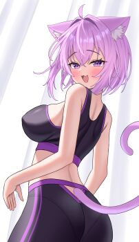 1girl :3 :d absurdres ahoge alternate_costume animal_ear_fluff animal_ears ass black_pants black_shirt blush breasts cat_ears cat_girl cat_tail commentary_request highres hololive kumoru_(kumoru_145) large_breasts medium_hair nekomata_okayu open_mouth pants purple_eyes purple_hair shirt smile solo tail virtual_youtuber