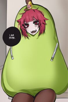 1girl ace_glitch alternate_hairstyle commentary cosplay costume cowboy_shot english_commentary english_text highres kasane_teto looking_at_viewer messy_hair open_mouth pearto pearto_(cosplay) red_eyes red_hair short_hair solo speech_bubble talking utau zipper zipper_pull_tab