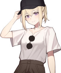 Rule 34 | 1girl, absurdres, bang dream!, bang dream! it&#039;s mygo!!!!!, baseball cap, black hat, blonde hair, brown pants, chinese commentary, closed mouth, commentary request, eyewear hang, hair up, hat, highres, looking at viewer, lu guan, misumi uika, pants, ponytail, shirt, short sleeves, simple background, smile, solo, sunglasses, unworn eyewear, upper body, white background, white shirt