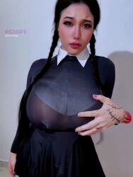 1girl the_addams_family animated ariacosplay black_hair blood braid breasts clothes_lift cosplay grabbing_own_breast highres large_breasts looking_at_viewer nipples real_life shirt_lift solo stitches tagme thing_(the_addams_family) thing_(the_addams_family)_(cosplay) twin_braids video wednesday_addams wednesday_addams_(cosplay)
