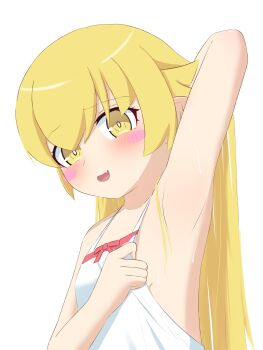 1girl absurdres armpit_focus armpits blonde_hair blush commentary_request dress fang highres long_hair looking_at_viewer monogatari_(series) onon72234864 open_mouth oshino_shinobu simple_background skin_fang sleeveless sleeveless_dress solo vampire white_dress yellow_eyes