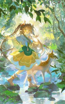 Rule 34 | 1girl, :d, absurdres, antlers, blue eyes, blush, boots, brown boots, brown hair, day, deer, deer antlers, forest, full body, hair between eyes, highres, horns, long hair, long sleeves, nature, open mouth, original, outdoors, rock, shirt, skirt, smile, socks, solo, standing, tree, twintails, water, white shirt, white socks, yellow skirt, yi kuai cha suyou