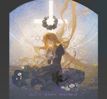 1girl animal animal_on_shoulder bird bird_on_shoulder black_dress black_flower blonde_hair chinese_commentary closed_eyes commentary_request cross dated dress english_text floating_hair flower happy_birthday highres juliet_sleeves long_hair long_sleeves open_mouth original own_hands_together puffy_sleeves sitting solo very_long_hair wreath xixun yellow_bird