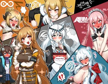 !? 1boy 6+girls :d absurdres ahoge amiya_(arknights) anger_vein angry animal_ears ansel_(arknights) arknights ascot bear_ears bikini black_bow black_bowtie black_bra black_cape black_jacket black_panties black_pantyhose blonde_hair blue_ascot blue_eyes blue_hair blue_skirt blush bow bowtie bra braid brand_name_imitation breastfeeding breasts breasts_out brown_coat brown_hair cape ceobe_(arknights) cleavage clenched_teeth coat collarbone copyright_name covering_crotch covering_privates crossdressing demon_horns dog_ears dog_girl dog_tail fang folded_ponytail full-face_blush fur-trimmed_jacket fur_trim groin hand_on_another's_head hand_up heart heart_in_mouth heterochromia highres holding horns ifrit_(arknights) ifrit_(sunburn)_(arknights) infection_monitor_(arknights) jacket kjerag_logo lactation large_breasts lion_ears lion_girl long_sleeves looking_at_viewer manggapaegtoli mouth_hold multicolored_hair multiple_girls navel official_alternate_costume open_clothes open_jacket open_mouth orange_eyes panties pantyhose pink_eyes plaid_clothes plaid_skirt pleated_skirt pout pramanix_(arknights) rabbit_boy rabbit_ears red_bow red_eyes rhine_lab_logo rhodes_island_logo_(arknights) rim_billiton_logo rosa_(arknights) shaded_face shirt side_braids sidelocks siege_(arknights) simple_background skanehfdl33 skirt smile snow_leopard_ears snow_leopard_girl snow_leopard_tail sparkling_eyes speech_bubble spoken_interrobang stomach streaked_hair sweatdrop sweater swimsuit tail tearing_up teeth tiara trap trembling turtleneck turtleneck_sweater underwear utensil_in_mouth v-shaped_eyebrows white_bikini white_hair white_jacket white_shirt white_sweater yellow_eyes yuri zima_(arknights)