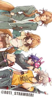 2boys 2girls alternate_costume animal_ear_piercing aqua_nails arm_hug belle_(zenless_zone_zero) belted_skirt black_pants blue_hair bracelet brother_and_sister brown_hair brown_skirt brown_tail closed_mouth collarbone commentary cowboy_shot crop_top droopy_ears earclip earrings english_commentary facial_mark fingerless_gloves fingernails fishnet_pantyhose fishnets forehead_mark formal_clothes fur-trimmed_jacket fur_trim gloves green_eyes green_jacket green_suit grey_hair hair_between_eyes hair_ornament half-closed_eyes hand_on_another&#039;s_waist hands_in_pockets highres holding holding_behind_back holding_leash holding_weapon_behind_back jacket jewelry knife_sheath leash long_fingernails long_hair looking_at_viewer mask mask_on_head midriff mouth_mask multiple_boys multiple_girls navel necklace one_eye_closed pants pantyhose parted_lips pendant_collar print_shirt purple_gloves red_eyes red_lips red_nails roti_strawberi sheath shirt short_hair siblings sideways simple_background skirt star_(symbol) star_hair_ornament stretching suit symbol-only_commentary thigh_strap tied_shirt twitter_username w white_background white_shirt wise_(zenless_zone_zero) ye_shiyuan ye_shunguang yellow_shirt zenless_zone_zero