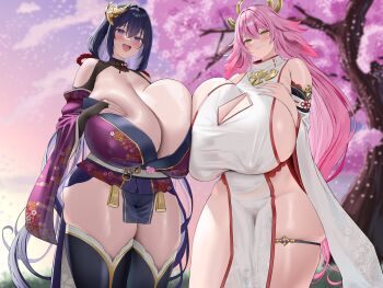 2girls :d absurdres asymmetrical_docking black_hair black_thighhighs breast_press breasts cherry_blossoms cleavage cleavage_cutout closed_mouth clothing_cutout colored_inner_hair covered_erect_nipples detached_sleeves dress gigantic_breasts hair_between_eyes hair_ornament highres japanese_clothes kimono long_hair looking_at_viewer multicolored_hair multiple_girls no_bra no_panties oekakizuki open_mouth original pelvic_curtain pink_hair purple_eyes purple_hair purple_kimono red_hair revealing_clothes sideboob sideless_dress smile standing streaked_hair thighhighs two-tone_hair very_long_hair white_dress yellow_eyes