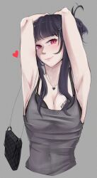 Rule 34 | 1girl, armpits, arms up, bag, barcode, barcode tattoo, black bra, black dress, black hair, black nails, blunt bangs, blush, bra, breast tattoo, breasts, closed mouth, covered navel, d (killer wife) (nikke), d (nikke), dongtan dress, dress, goddess of victory: nikke, grey background, hair ornament, hairclip, handbag, heart, heart necklace, long hair, looking at viewer, medium breasts, meme attire, nail polish, necklace, official alternate costume, red eyes, smile, solo, tattoo, underwear, xiran art