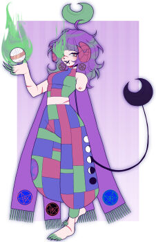 1girl absurdres amputee barefoot blunt_bangs cape commentary commission crop_top demon_horns demon_tail dreamalgia english_commentary highres horns midriff original patchwork_clothes pentacle puffy_pants purple_hair scar scar_on_face snakebite_(piercing) tail