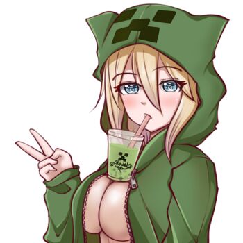1girl blonde_hair blue_eyes breasts bubble_tea_challenge creeparka creeper creeper_hoodie green_hoodie green_jacket hood hoodie jacket jizi large_breasts looking_at_viewer minecraft naked_hoodie no_bra v variant_set white_background
