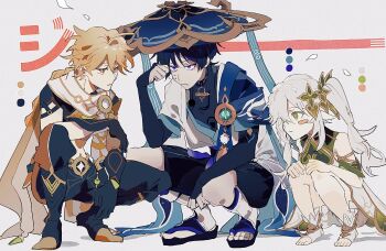 1girl 2boys aether_(genshin_impact) ahoge anemo_symbol_(genshin_impact) anklet aqua_gem armlet asymmetrical_sidelocks black_bodysuit black_boots black_bridal_gauntlets black_pants black_sandals black_shirt black_shorts black_sleeves blonde_hair bloomers blue_hair blue_hat blue_jingasa blue_sleeves blunt_ends blush_stickers bodysuit boots braid bridal_gauntlets bright_pupils chest_jewel closed_mouth commentary_request crop_top detached_sleeves dress elbow_on_thigh feathers full_body furisode gem genshin_impact gold gold_trim green_eyes green_gem green_sleeves hair_ornament half-closed_eyes hand_up hands_on_own_knees hat heart heart_hair_ornament highres japanese_clothes jewelry jingasa kimono kurosumi_(kuro62114) layered_sleeves leg_warmers long_hair looking_at_another low-braided_long_hair low-tied_long_hair midriff multicolored_hair multiple_boys nahida_(genshin_impact) pants pointy_ears pom_pom_(clothes) purple_eyes sandals scaramouche_(genshin_impact) scarf shirt short_sleeves shorts shoulder_peek side_cape side_ponytail sidelocks smile socks squatting stirrup_footwear streaked_hair sweatdrop tassel toes underwear vambraces wanderer_(genshin_impact) white_background white_bloomers white_dress white_hair white_leg_warmers white_pupils white_scarf white_sleeves white_socks white_trim wispy_bangs yellow_eyes yellow_feathers zouri