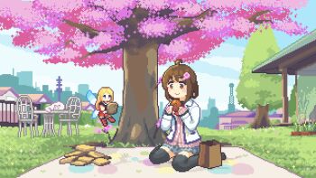 2girls :t animal animated animated_gif bag black_thighhighs blonde_hair blue_eyes bow bowtie brown_eyes brown_hair cat chair cherry_blossoms city day eating fairy fairy_wings falling_petals food grass hair_ornament hairclip holding holding_food looping_animation mini_person minigirl multiple_girls original outdoors oyuzaki_(ayuzaki) paper_bag petals picnic picnic_blanket pixel_art red_bow red_bowtie sitting table thighhighs tree wariza wings