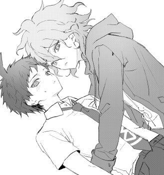 Rule 34 | 2boys, absurdres, ahoge, blush, collared shirt, commentary request, danganronpa (series), danganronpa 2: goodbye despair, drawstring, greyscale, highres, hinata hajime, hood, hood down, hooded jacket, jacket, komaeda nagito, korean commentary, long sleeves, looking at viewer, male focus, monochrome, multiple boys, necktie, pants, shirt, short sleeves, sslloowwll, yaoi, yukadon